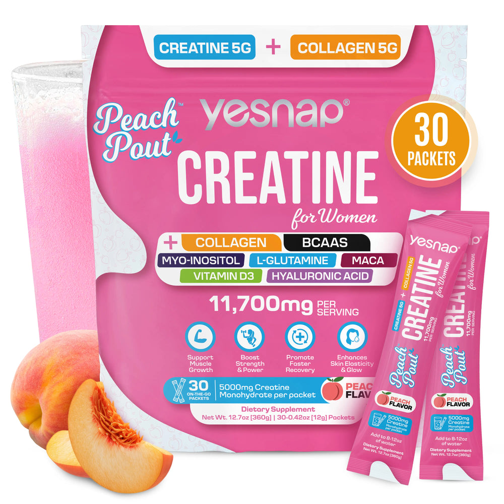 YESNAP PeachPout Creatine for Women peach flavor pouch and sticks, 30 packets