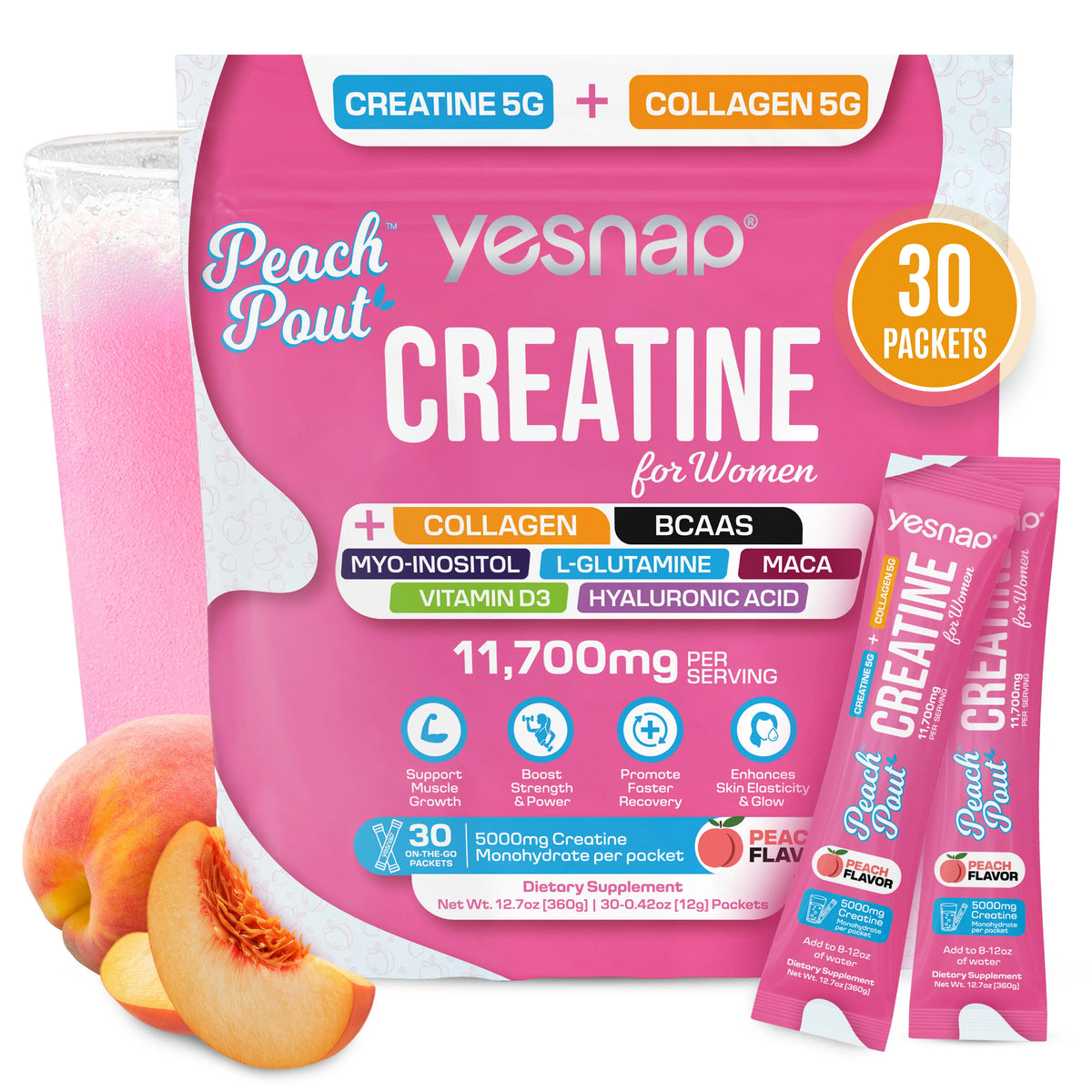 YESNAP PeachPout Creatine for Women peach flavor pouch and sticks, 30 packets