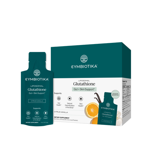 Cymbiotika Liposomal Glutathione citrus vanilla box and liquid packet, 26 count
