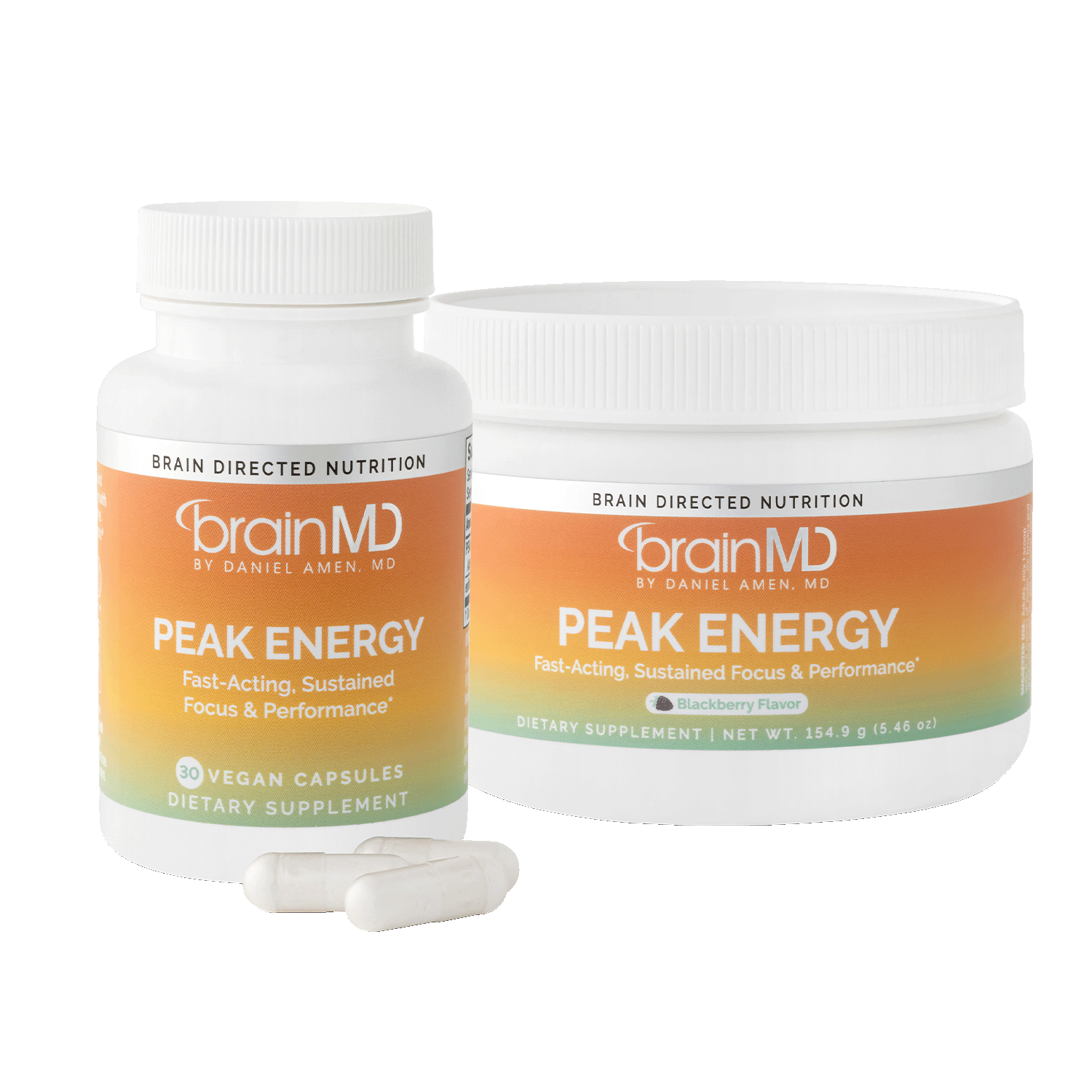 Peak Energy ATP capsule bottle and powder tub against a transparent background