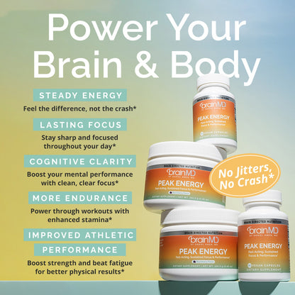 Stacked Peak Energy ATP bottles and containers with key benefits listed