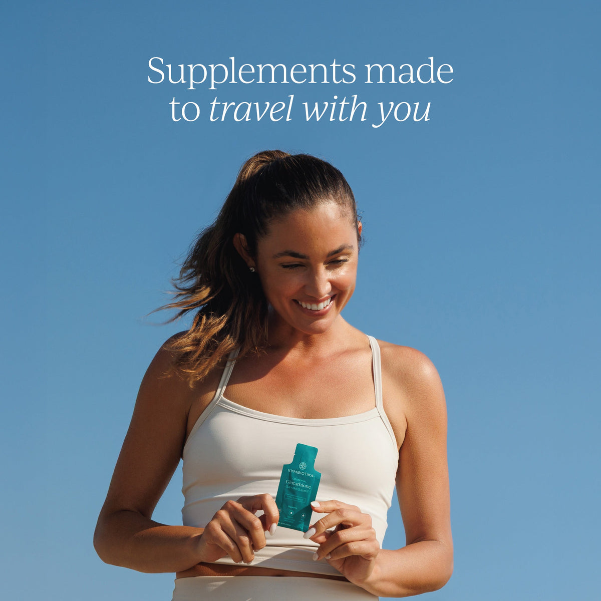 Cymbiotika Glutathione single-serve pouch shown for on-the-go use