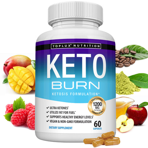 Toplux Keto Burn bottle with botanical ingredient imagery, 60 capsules