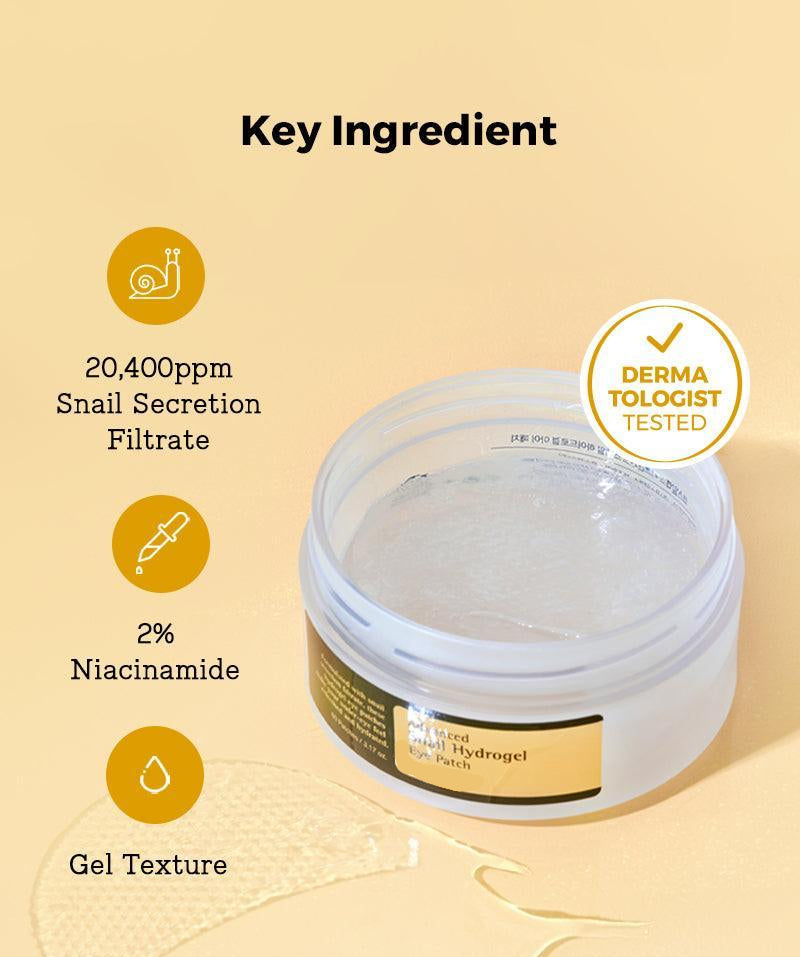 Snail Mucin Hydrogel Eye Patch jar with key ingredients