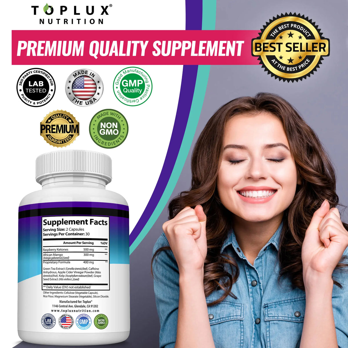 Toplux Keto Burn back label and supplement facts, two-capsule serving
