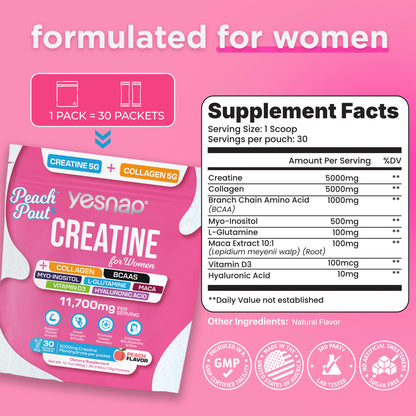 YESNAP PeachPout supplement facts and 30-packet package